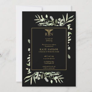 RN Nursing Graduation Photo Foliage Black And Gold Invitation