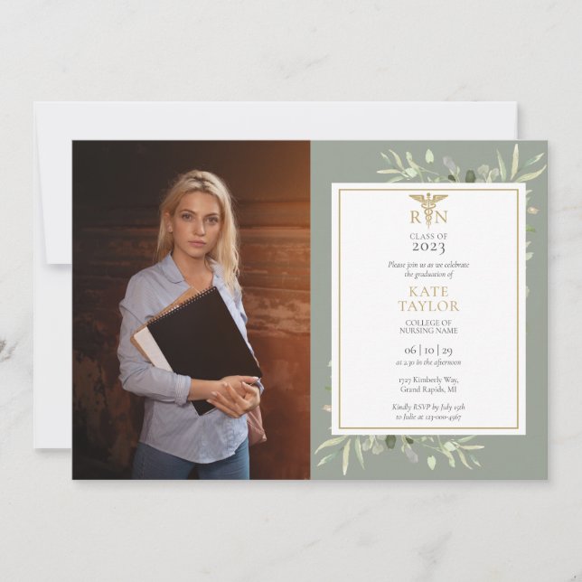 RN Nursing Graduation Sage Green Foliage Photo Inv Invitation (Front)