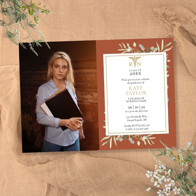 RN Nursing Graduation Terracotta Foliage Photo Inv Invitation (RN Nursing Graduation Terracotta Foliage Photo Inv Invitation)