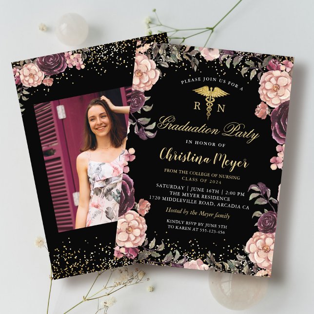 RN Nursing Photo Graduation Party Burgundy Floral Invitation (Creator Uploaded)
