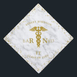 RN Nursing School EARNED Class Gold Marble Graduation Cap Topper<br><div class="desc">Modern,  elegant graduation cap topper in gold glitter with the RN caduceus forming the word "Earned",  the graduate's name,  and year,  on a faux carrera marble background. Copyright Elegant Invites,  all rights reserved.</div>