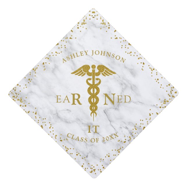 RN Nursing School EARNED Class Gold Marble Graduation Cap Topper (Front)