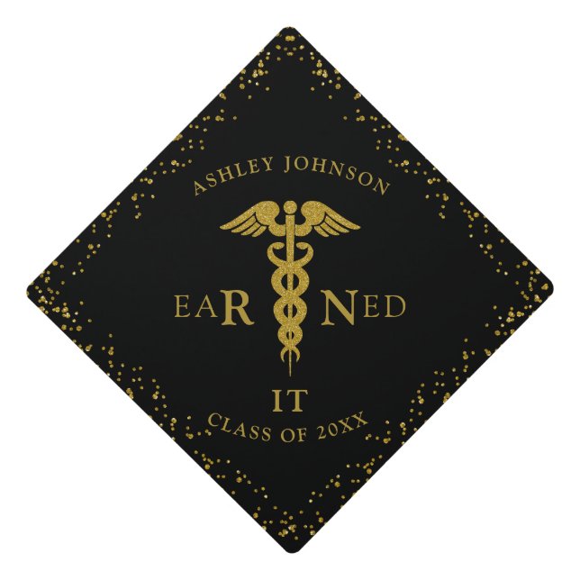 RN Nursing School EARNED IT Class Black Gold Graduation Cap Topper (Front)