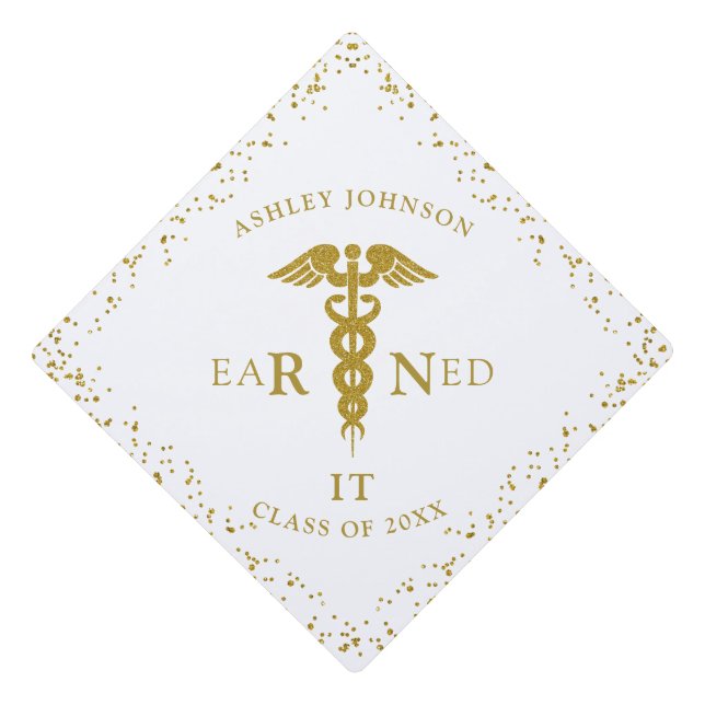 RN Nursing School EARNED IT Class Gold Glitter Graduation Cap Topper (Front)