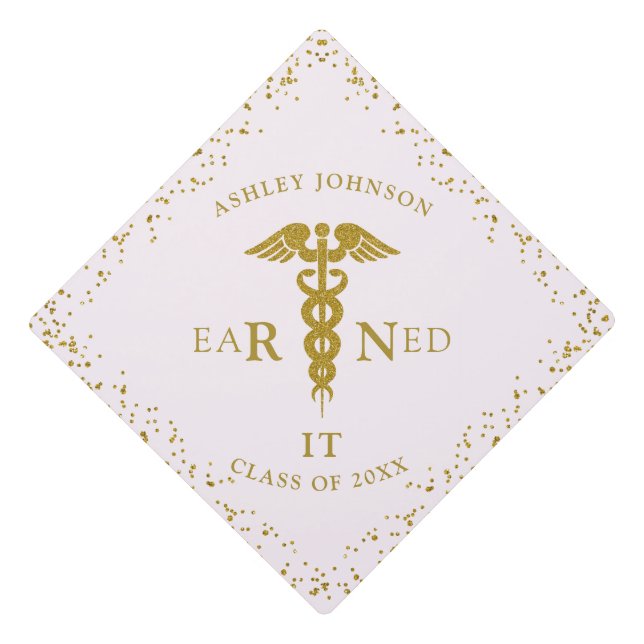 RN Nursing School EARNED IT Class Pink Gold Graduation Cap Topper (Front)