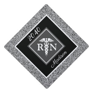 RN Nursing School Silver Glitter Personalized Graduation Cap Topper