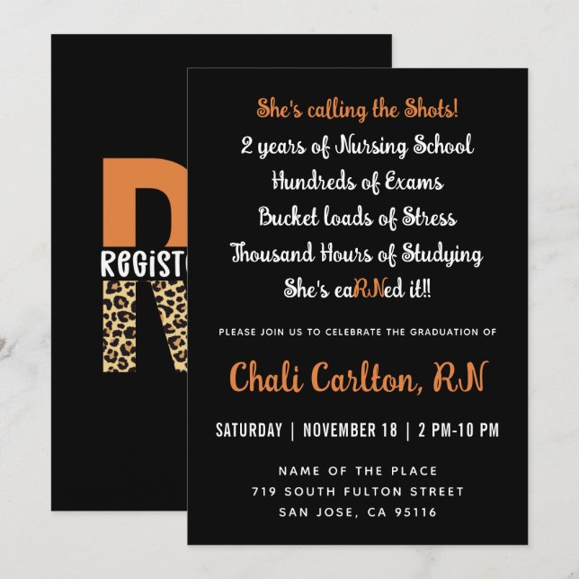 RN Registered Nurse Leopard Typography Graduation  Invitation (Front/Back)