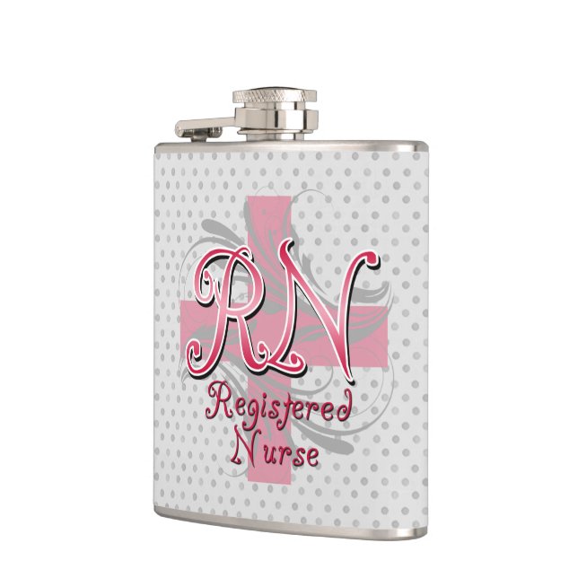 RN Registered Nurse, Pink Cross Swirls Hip Flask (Left)