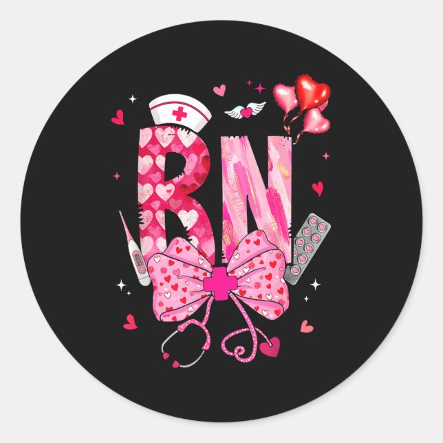 Rn Valentine Coquette Bow Stethoscope Nurse Girl W Classic Round Sticker (Front)