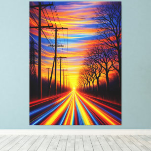 Road Between Electricity and Nature Dramatic Sun Canvas Print