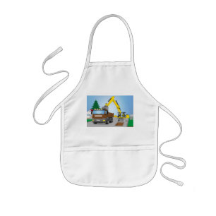 Road construction site with brown trucks and yello kids apron