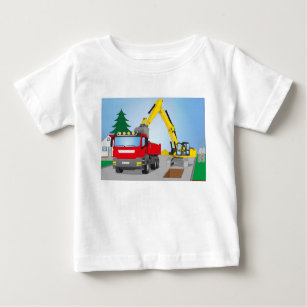 Road construction site with red trucks and yellow  baby T-Shirt