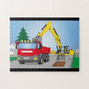 Road construction site with red trucks and yellow jigsaw puzzle