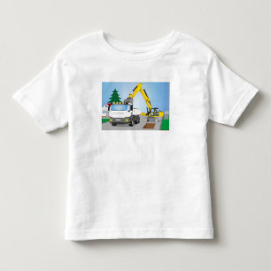 Road construction site with white trucks and yello toddler t-shirt