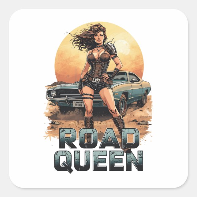 Road Queen – Post-Apocalyptic Pin-Up Warrior Square Sticker (Front)
