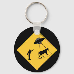 Road Sign- Cow and UFO Keychain