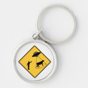 Road Sign- Cow and UFO Keychain