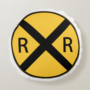 Road Sign Railroad Road Crossing Round Pillow