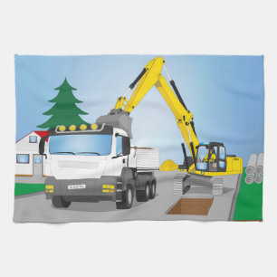 Road site with white truck and yellow excavator kitchen towel