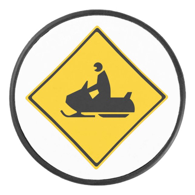 Road Snowmobile Warning Sign Snow Winter Hockey Puck (Front)