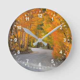 Road Through Autumn Aspens Round Clock