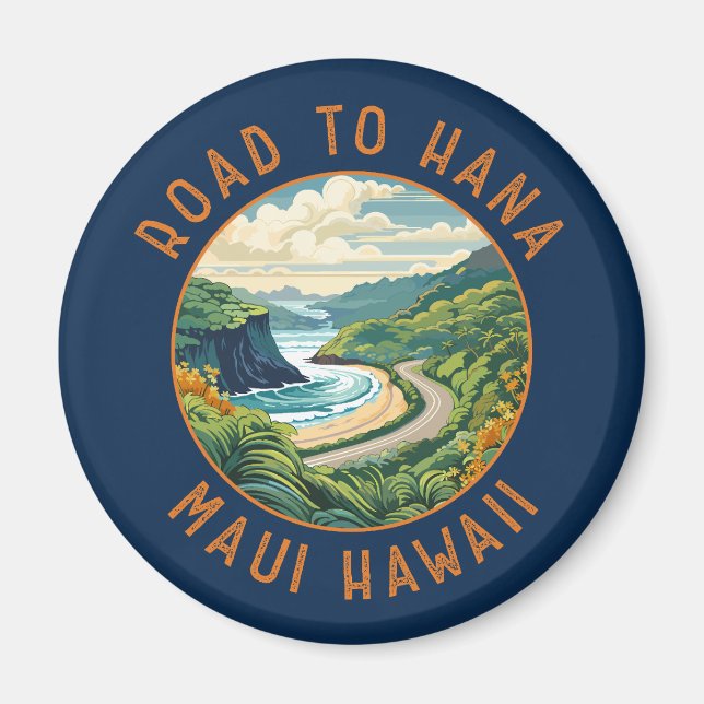 Road to Hana Maui Hawaii Retro Distressed Circle Magnet (Front)