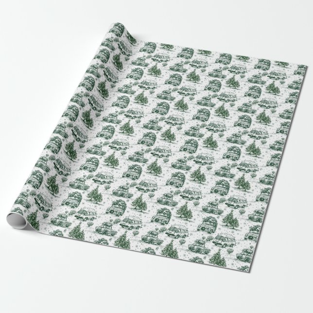 Road trip Christmas holiday toile | green Wrapping Paper (Unrolled)