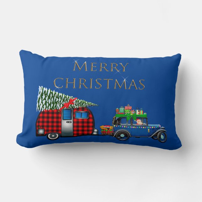 Road Trip Santa Blue Lumbar Pillow (Front)