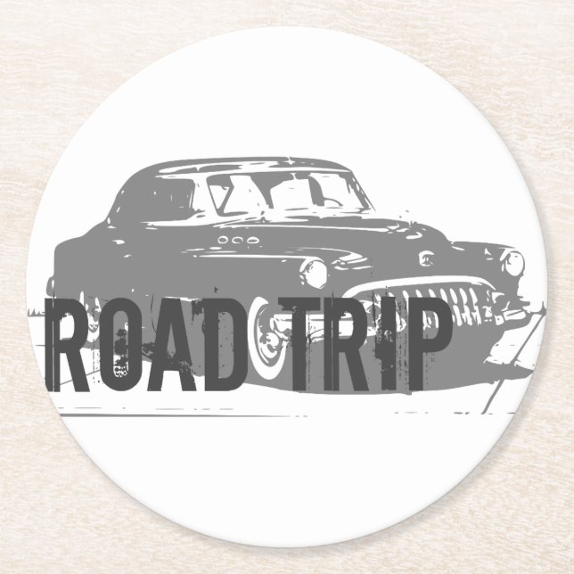 Road Trip Vintage Car Round Paper Coaster (Front)