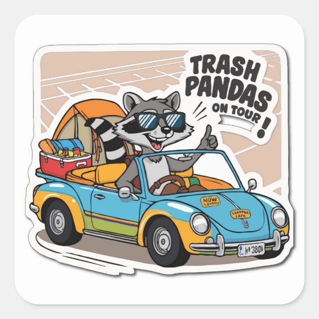 Road Tripping Raccoon - Camping Adventure Pun Meme Square Sticker (Front)