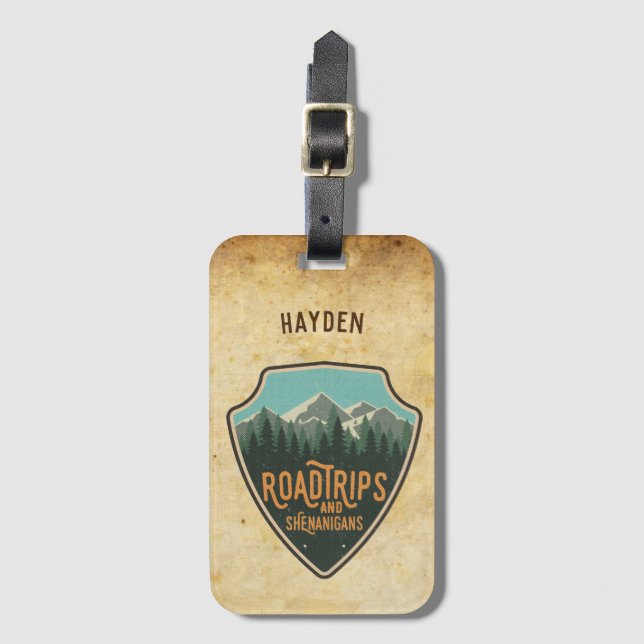 Road Trips & Shenanigans Outdoor Patch Luggage Tag (Front Vertical)