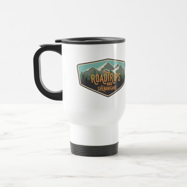 Road Trips & Shenanigans Outdoor Patch Travel Mug (Left)