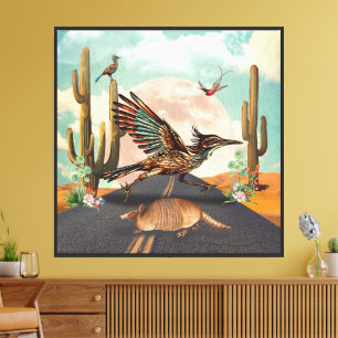 Roadrunner Cactus Moon Surreal Collage Canvas Print
