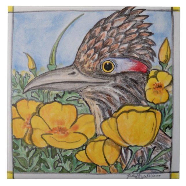 Roadrunner w/California Poppy Wildlife Yellow Art Tile (Front)