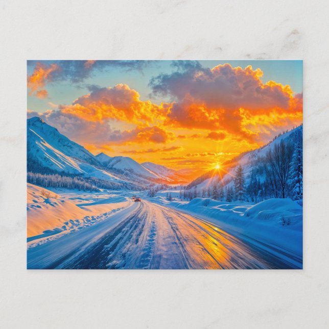 Roads at Sunset in Winter Through Mountains Holiday Postcard (Front)