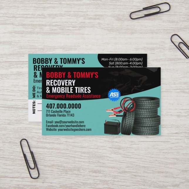 Roadside Emergency Recovery Auto Repair Business Card (Front/Back In Situ)
