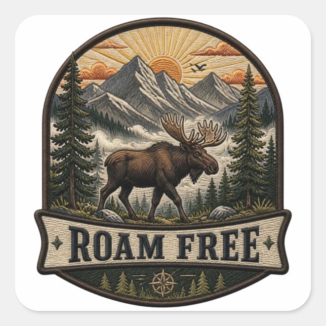 Roam Free Moose Embroidered Patch Design Square Sticker (Front)