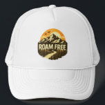 Roam Free Vintage Mountain Adventure Outdoor Trucker Hat<br><div class="desc">Celebrate the spirit of the outdoors with this Roam Free Vintage Mountain Adventure Trucker Hat design. Featuring bold adventure typography with rugged mountain peaks, a glowing sunset, and a pine forest silhouette, this design captures the essence of freedom, exploration, and the call of the wild. Perfect for hikers, campers, travelers,...</div>