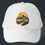 Roam Free Vintage Mountain Adventure Outdoor Trucker Hat<br><div class="desc">Celebrate the spirit of the outdoors with this Roam Free Vintage Mountain Adventure Trucker Hat design. Featuring bold adventure typography with rugged mountain peaks, a glowing sunset, and a pine forest silhouette, this design captures the essence of freedom, exploration, and the call of the wild. Perfect for hikers, campers, travelers,...</div>