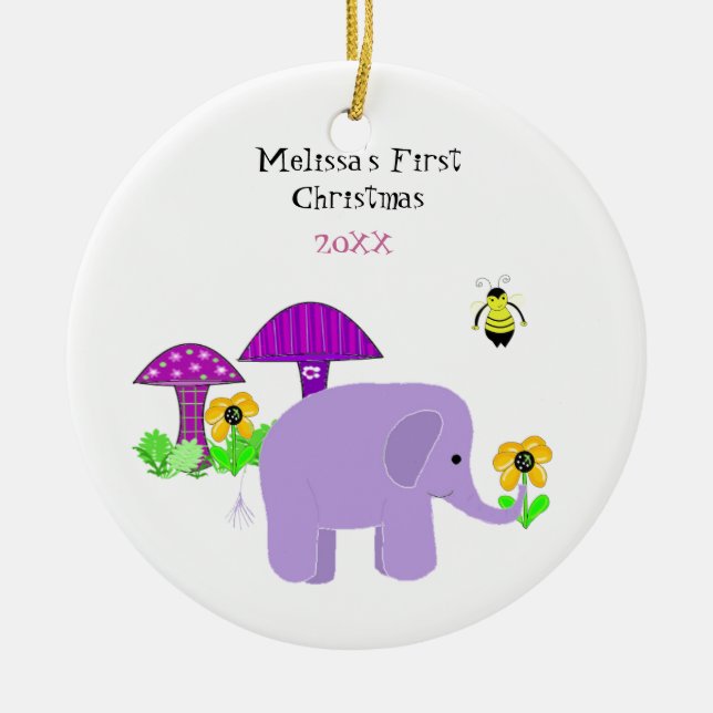Roaming Elephant Baby First Christmas Ceramic Ornament (Front)