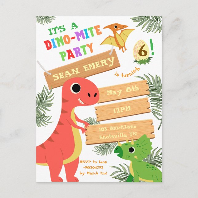 Roar Colour: Stunning Dinosaur Birthday Invitation Postcard (Front)