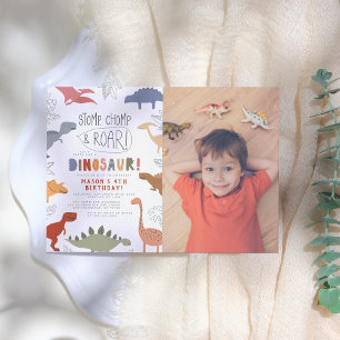 Roar! Colourful Dinosaurs Photo Boy Birthday Party Invitation