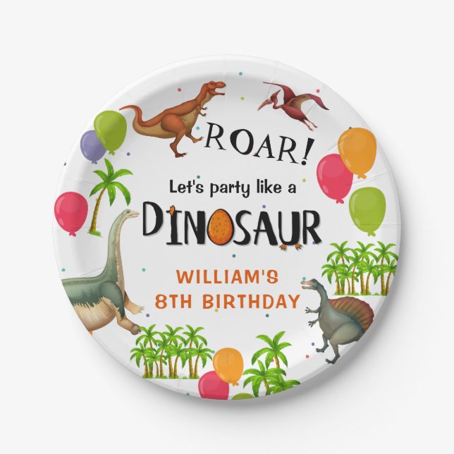 Roar Dinosaur balloon Jungle Party Birthday Paper Plate (Front)