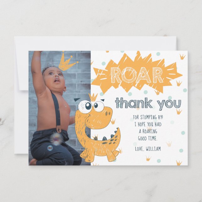 Roar Dinosaur Birthday Photo Thank You Card (Front)