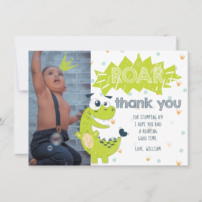 Roar Dinosaur Green Birthday Photo Thank You Card (Front)