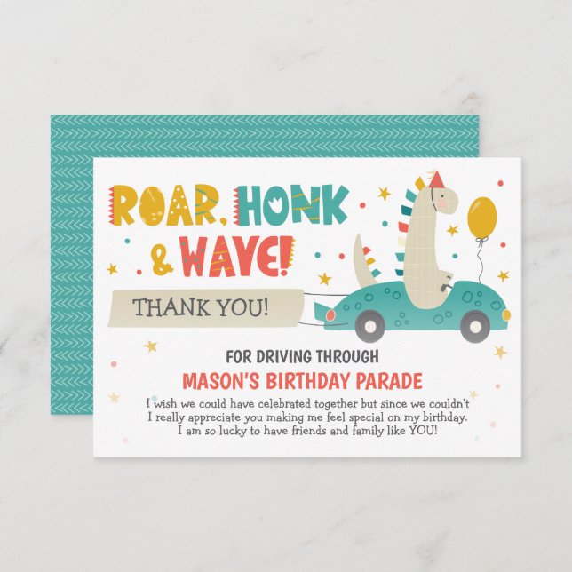 Roar Dinosaurs Drive By Birthday  Thank You Card (Front/Back)