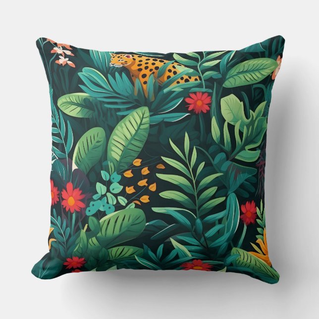 Roar & Explore Rainforest Botanical Throw Pillow (Front)