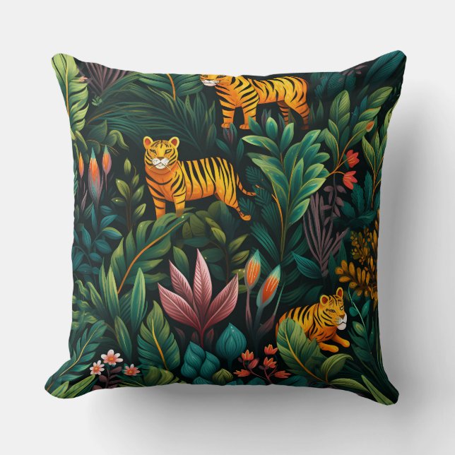 Roar & Explore Rainforest Botanical Throw Pillow (Front)