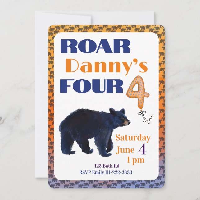 Roar Four Bear 4th Birthday Invitation (Front)