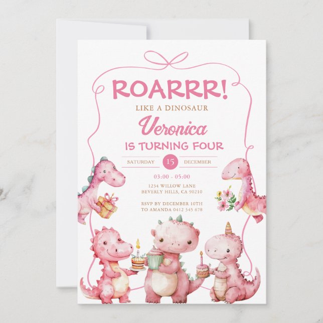 ROAR Girl T-Rex Dinosaur Pink Bow Birthday Party Invitation (Front)